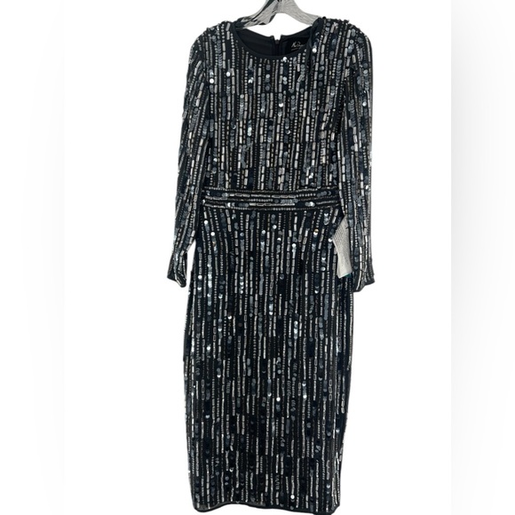 NWT Mac Duggal Embellished High Neck Long Sleeve Fitted Midi Charcoal Dress 8 - Picture 2 of 8